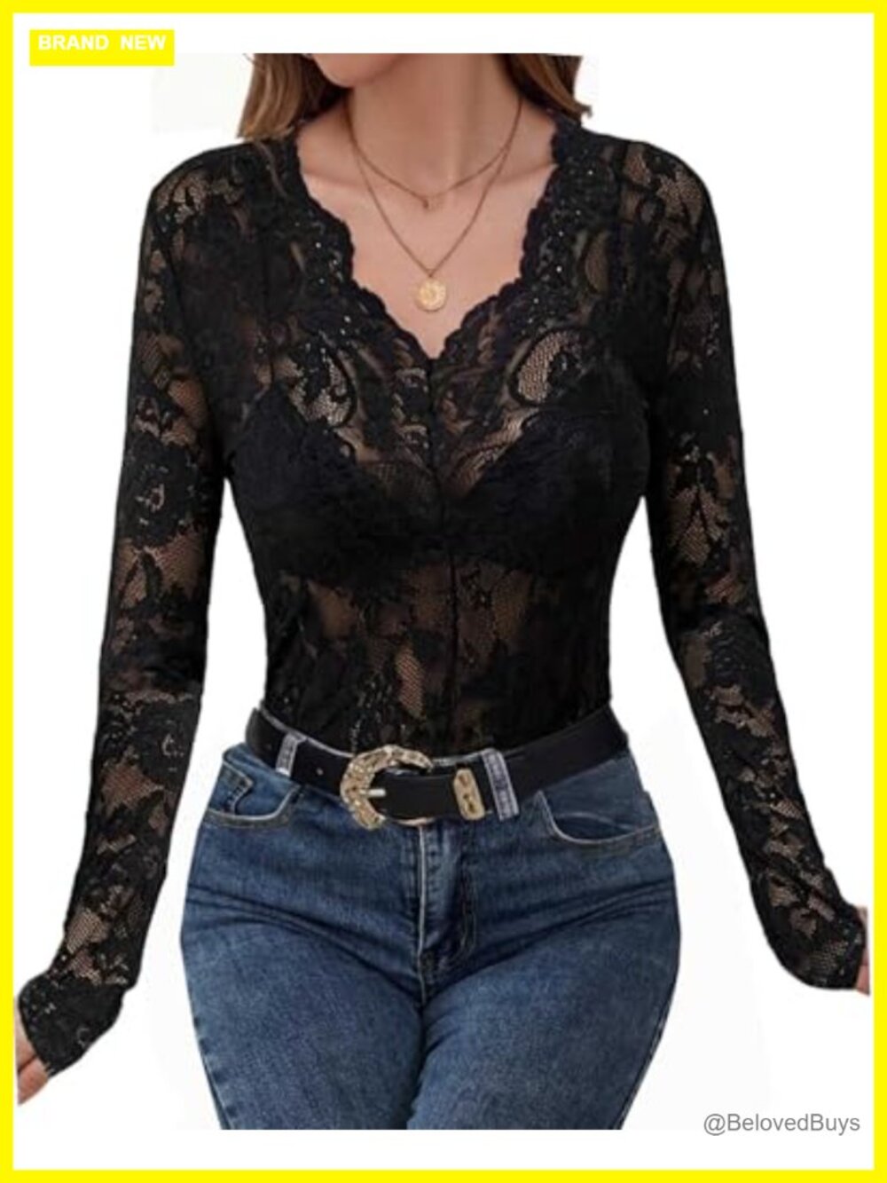 Women's Lace Long Sleeve Top Sheer Floral V Neck Mesh Blouse